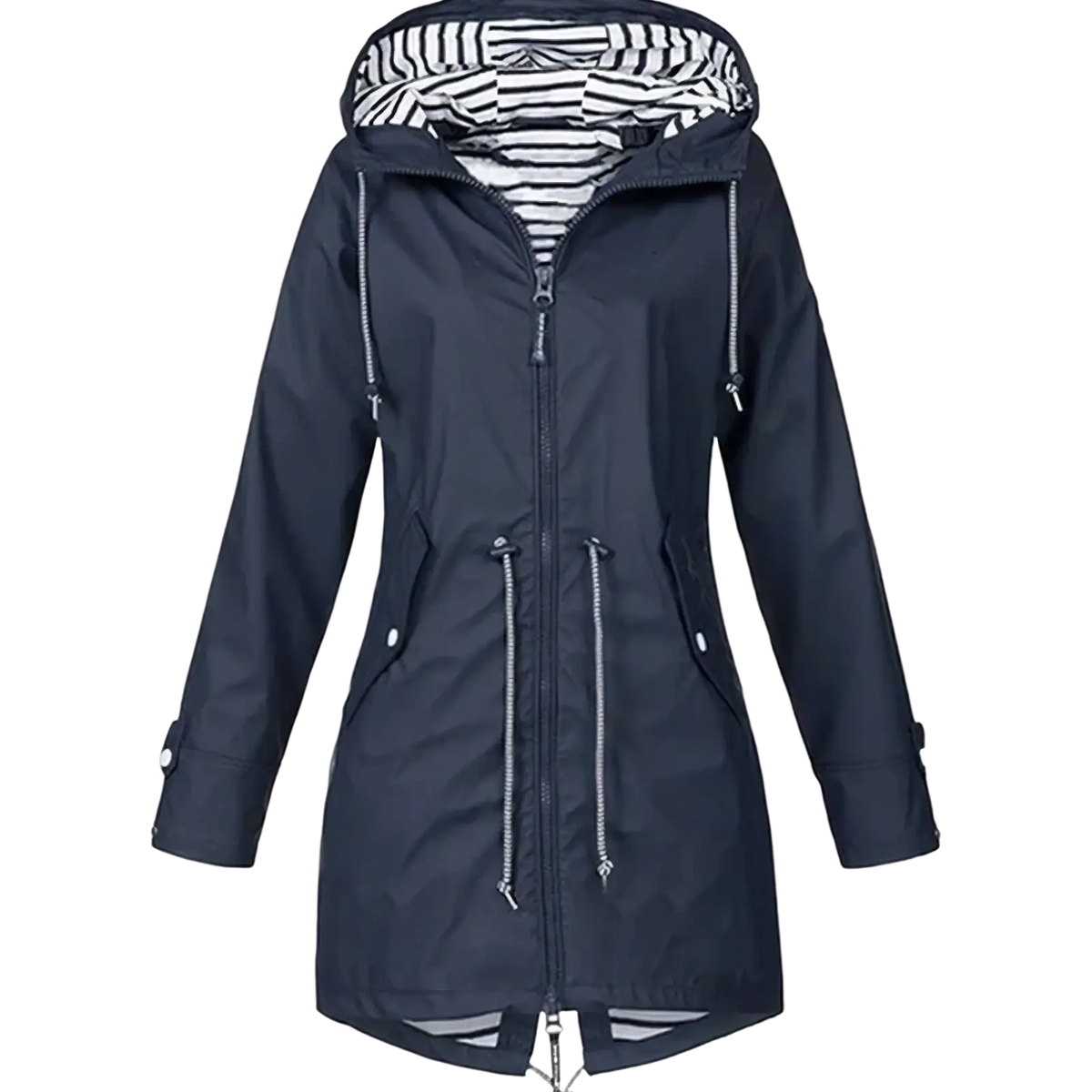 Dark navy women waterproof raincoat trench jacket with striped hood lining and silver zipper accents
