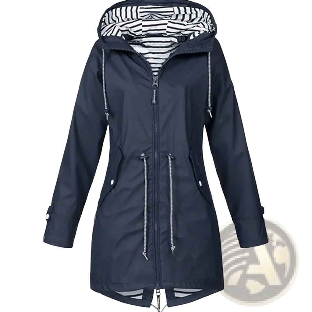 Dark navy women waterproof raincoat trench jacket with striped hood lining and silver zipper accents