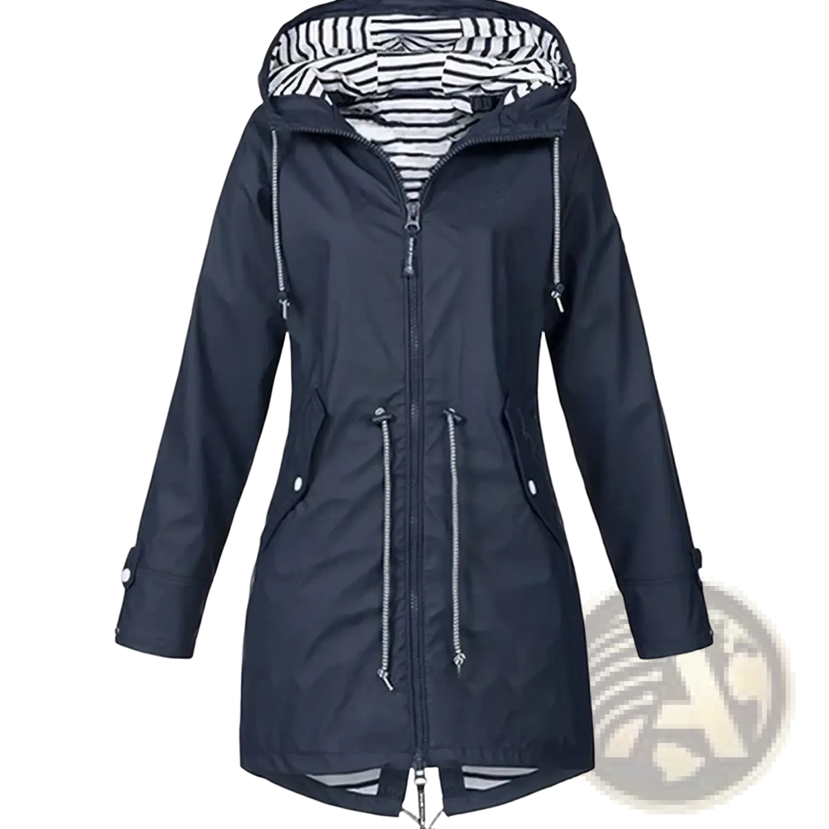 Dark navy women waterproof raincoat trench jacket with striped hood lining and silver zipper accents