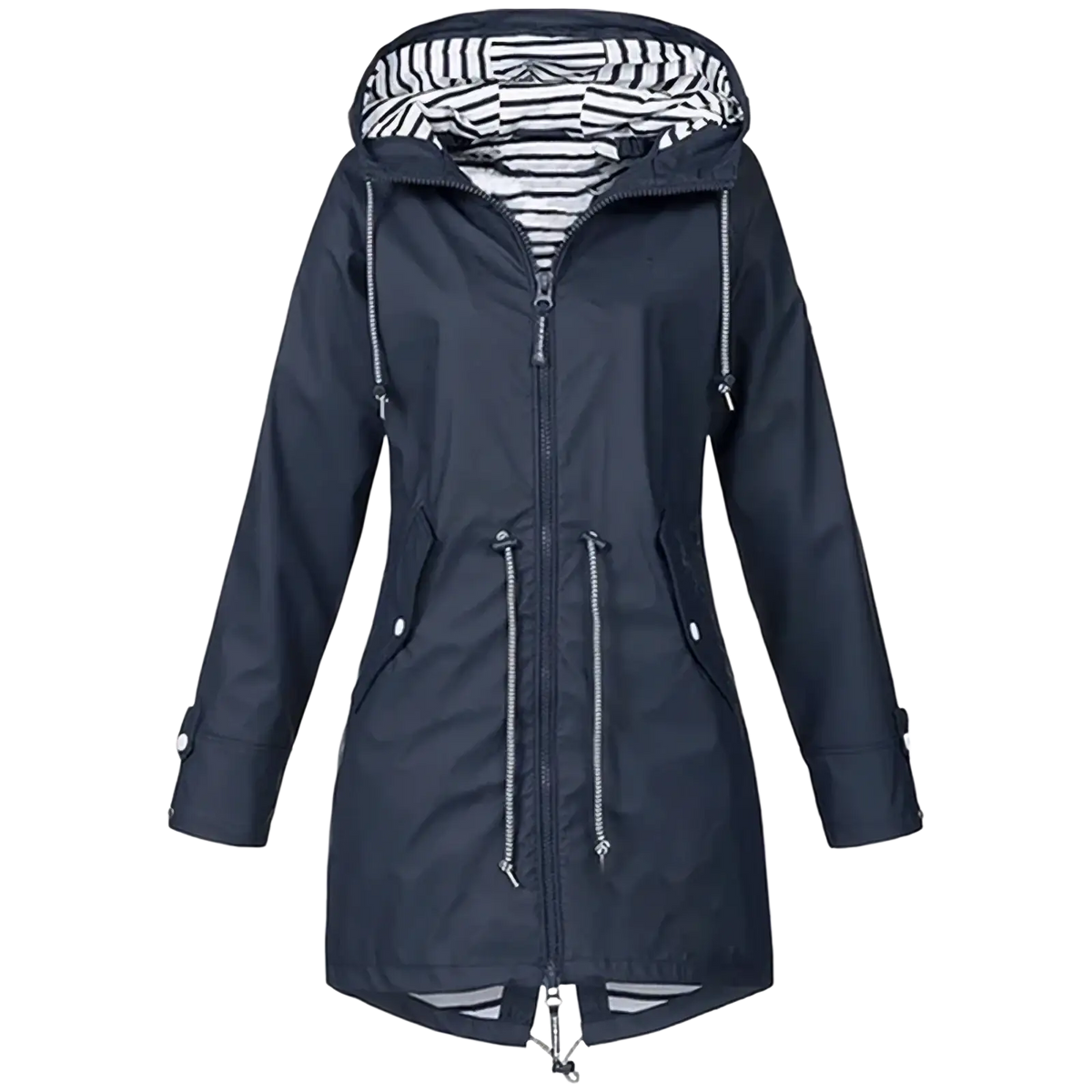 Navy blue women waterproof raincoat trench jacket with hood striped interior lining and silver zipper accents
