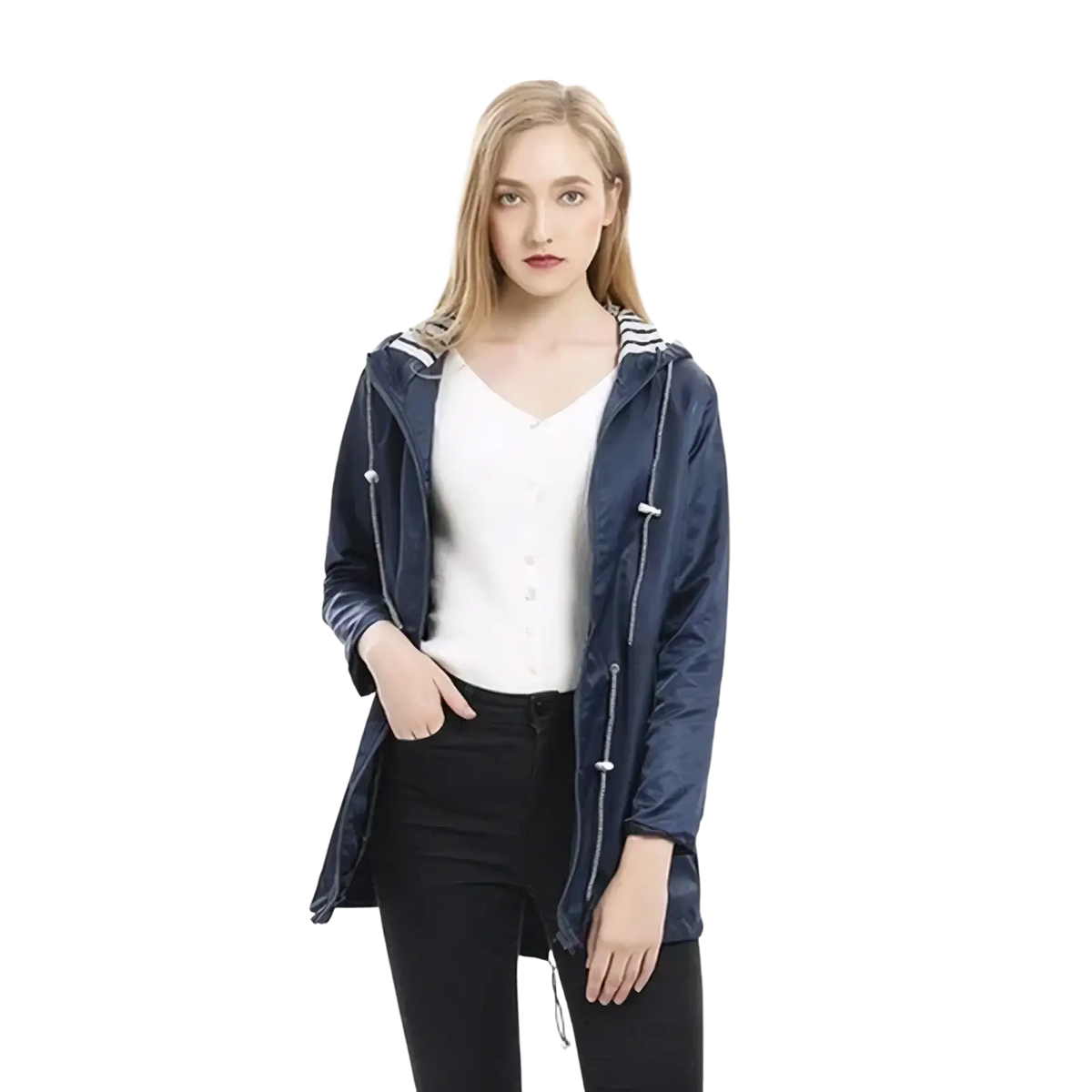 Navy blue women waterproof raincoat trench jacket with hood, white striped trim, and silver zipper details
