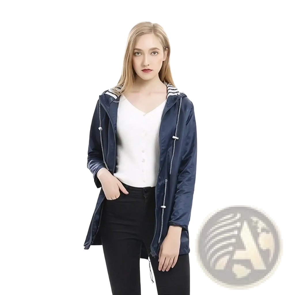 Navy blue women waterproof raincoat trench jacket with hood, white striped trim, and silver zipper details