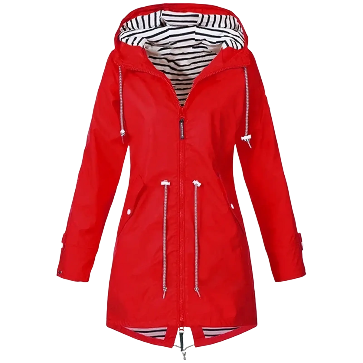 Red hooded women waterproof raincoat trench jacket with striped interior lining and white zipper pulls