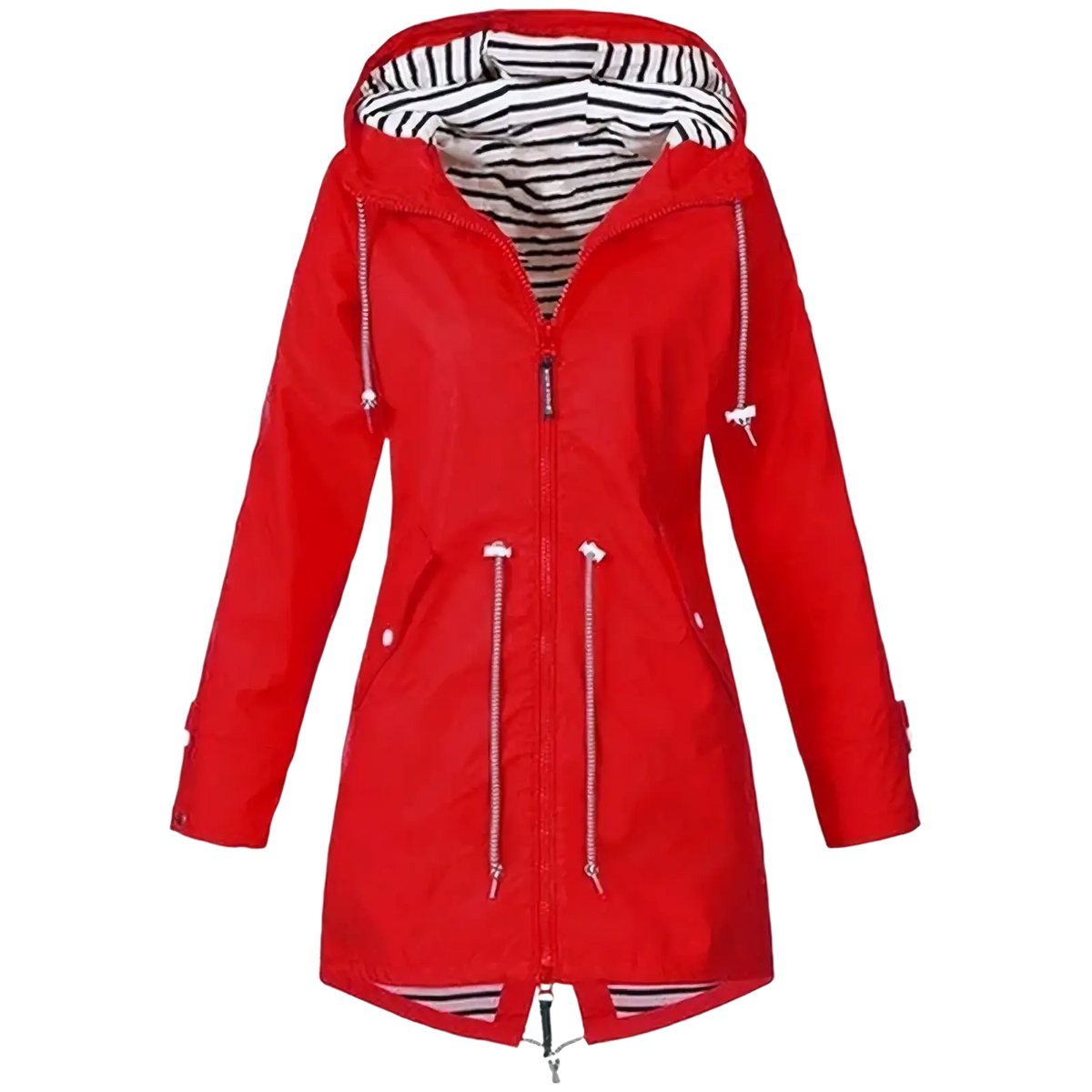 Women waterproof raincoat trench jacket in red with hood, striped interior lining, and white zipper pulls