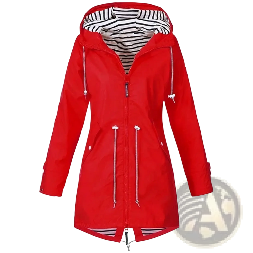 Women waterproof raincoat trench jacket in red with hood, striped interior lining, and white zipper pulls