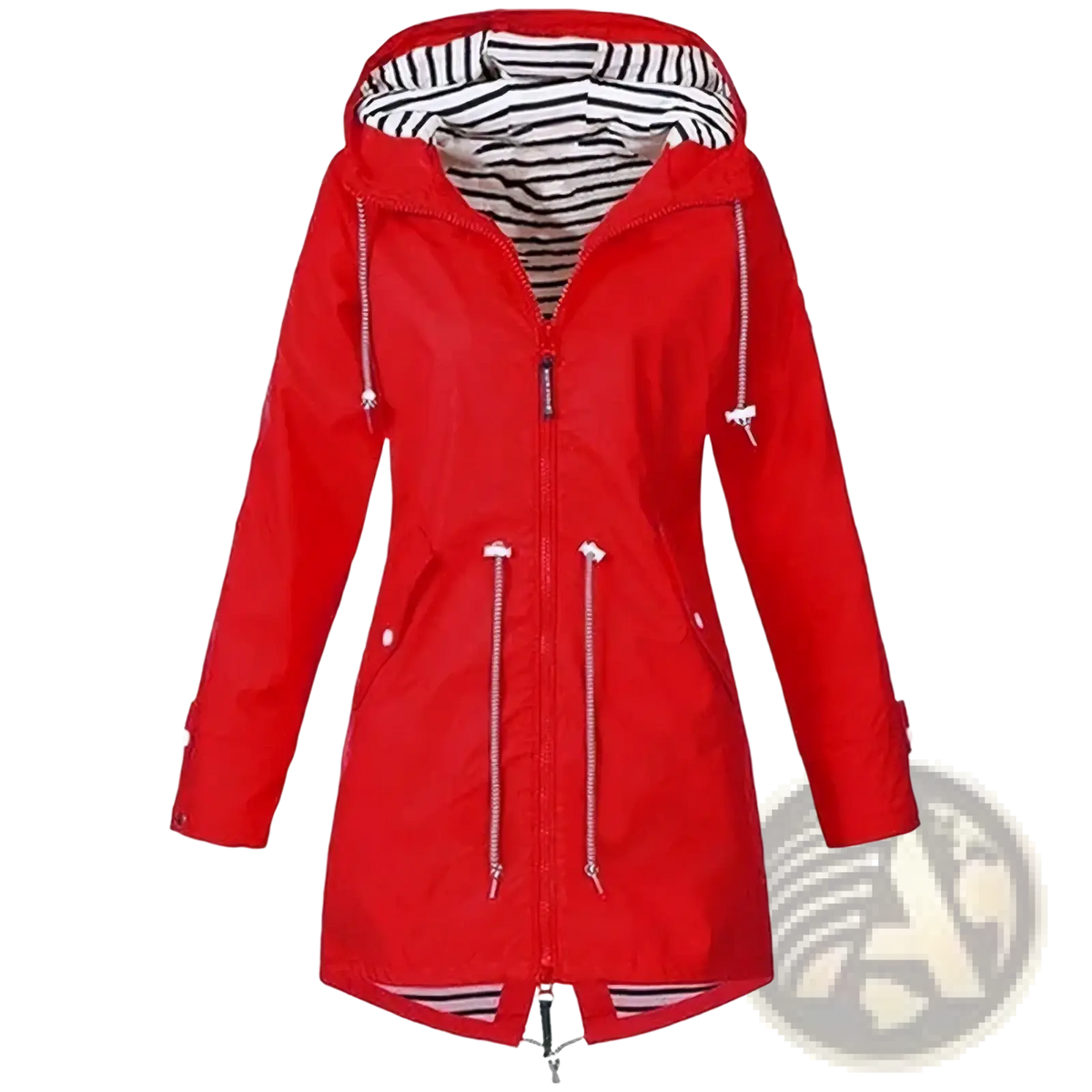 Women waterproof raincoat trench jacket in red with hood, striped interior lining, and white zipper pulls