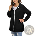 Black hooded waterproof windbreaker rain jacket with white zipper and trim for women designed for wet weather