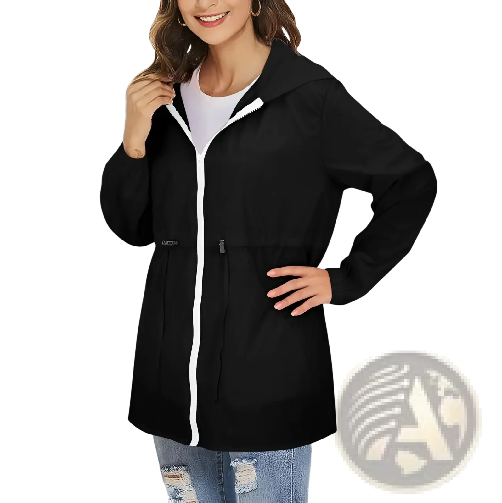 Black hooded waterproof windbreaker rain jacket with white zipper and trim for women designed for wet weather