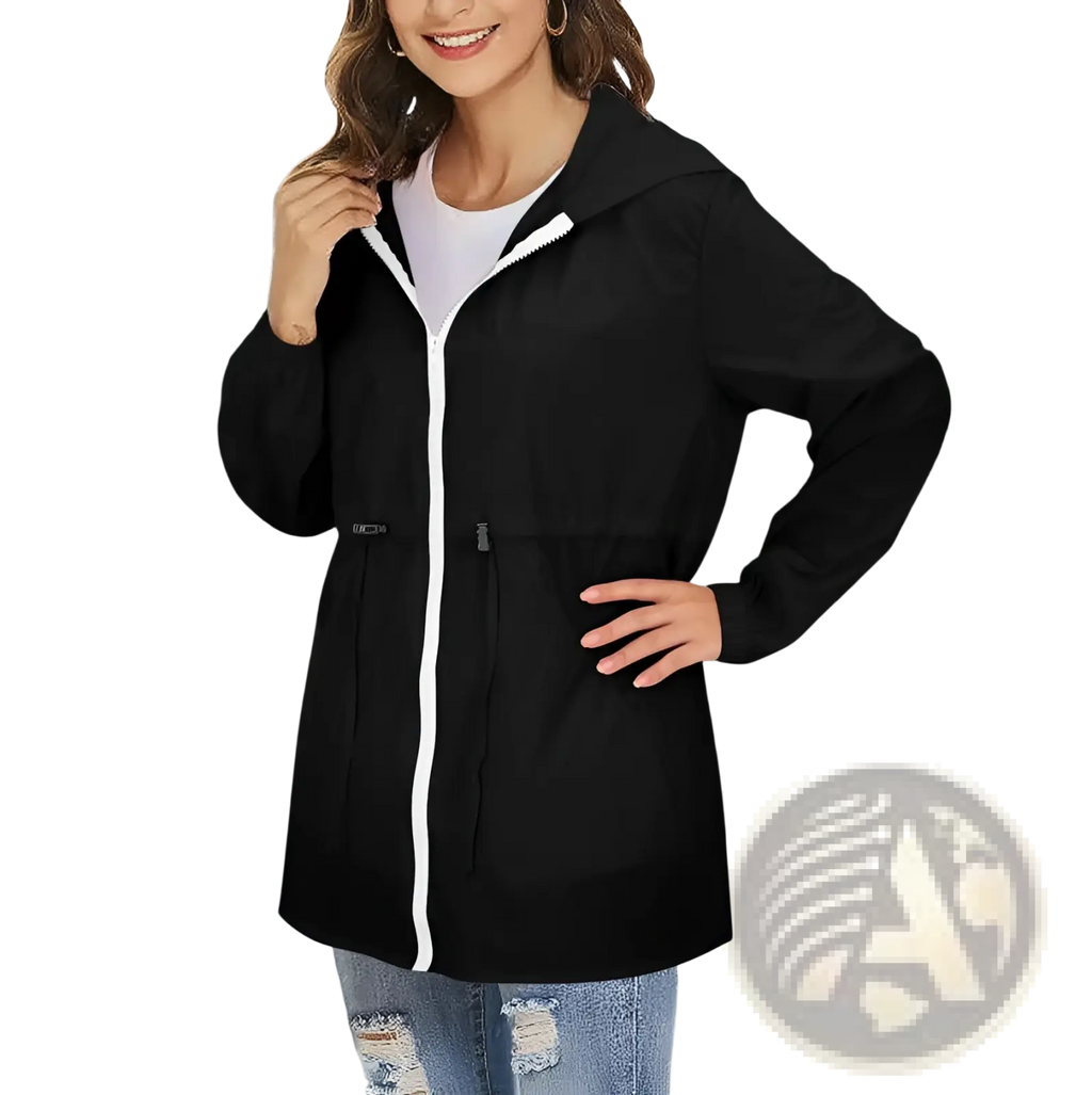 Women waterproof windbreaker hooded rain jacket in black with white zipper and trim designed for outdoor use