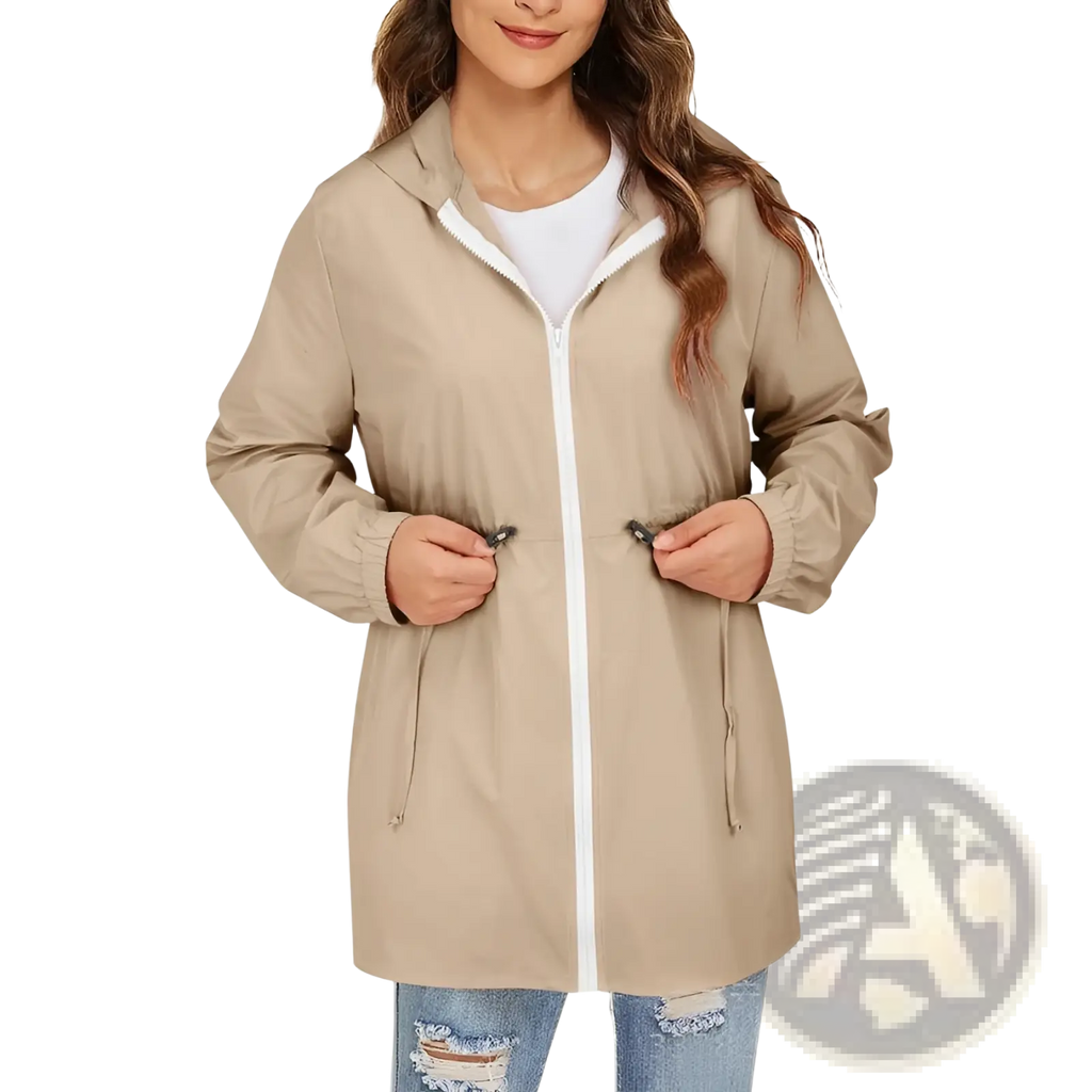 Beige waterproof windbreaker hooded rain jacket with white zipper and drawstring cuffs for women