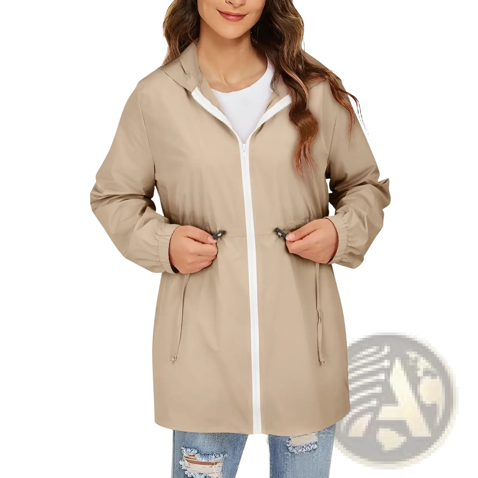 Beige waterproof windbreaker hooded rain jacket with white zipper and drawstring cuffs for women