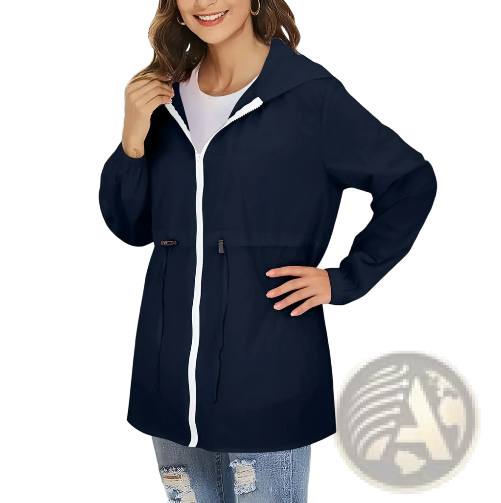 Women waterproof windbreaker hooded rain jacket in navy blue with white zipper and trim for outdoor use