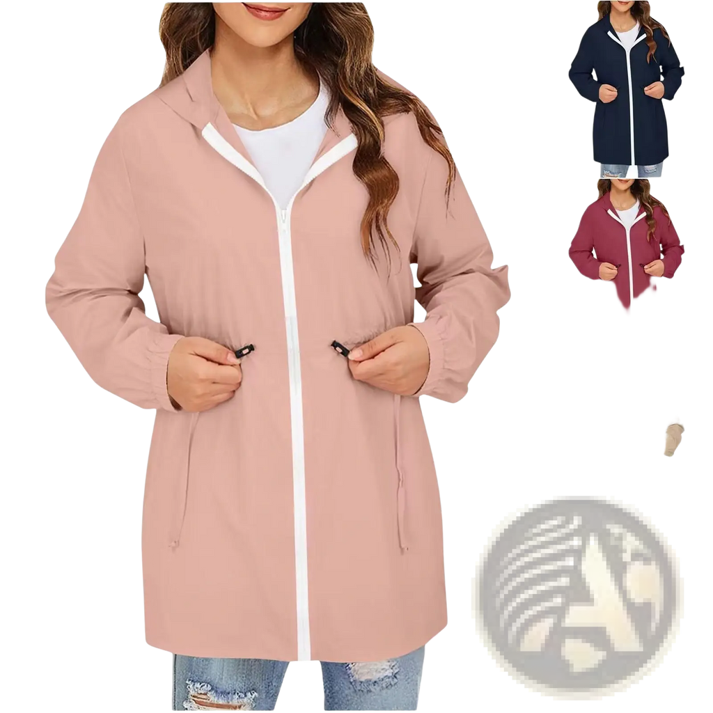 Women waterproof windbreaker hooded rain jacket in soft pink with white zipper, trim, side pockets, and elastic cuffs