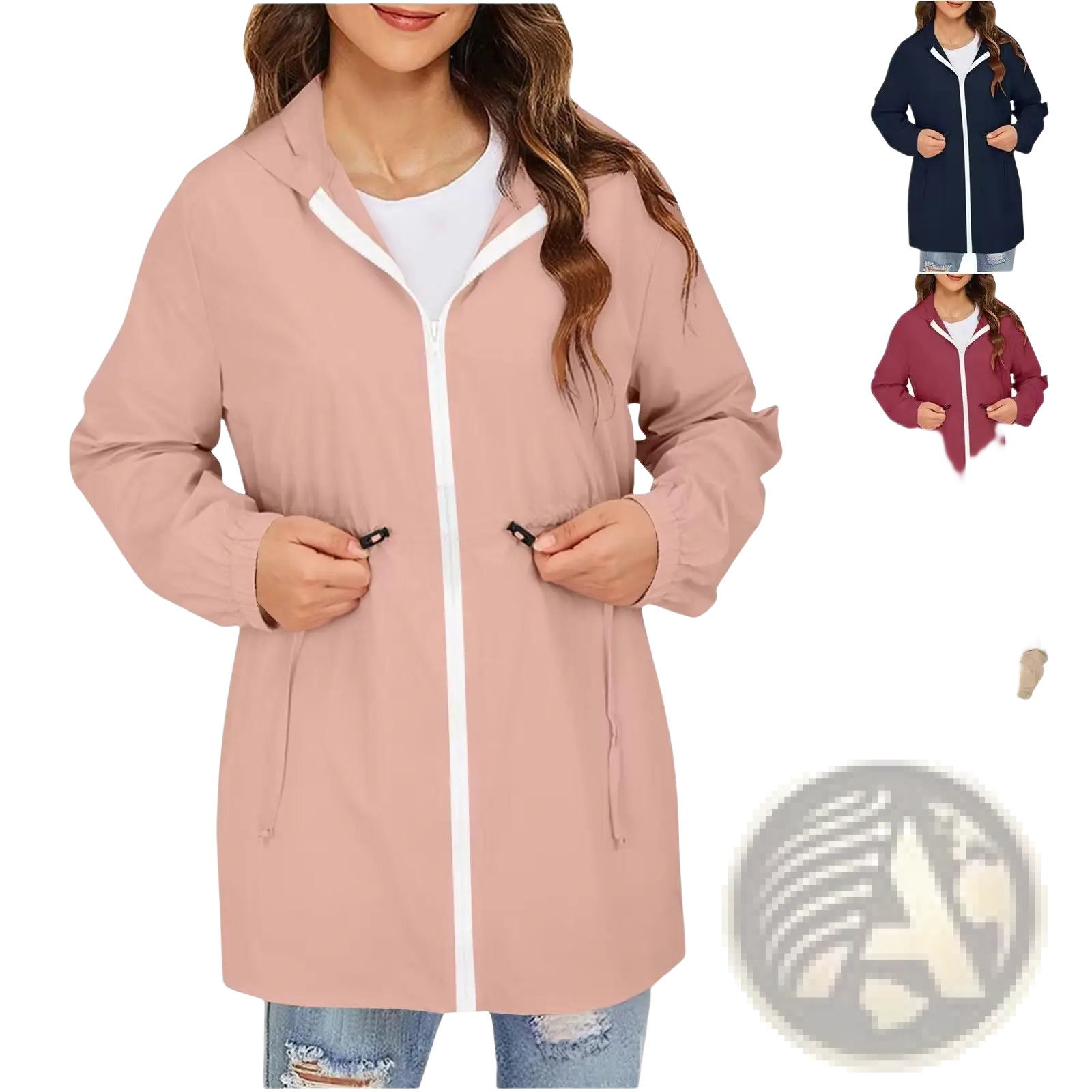 Women waterproof windbreaker hooded rain jacket in soft pink with white zipper, trim, side pockets, and elastic cuffs