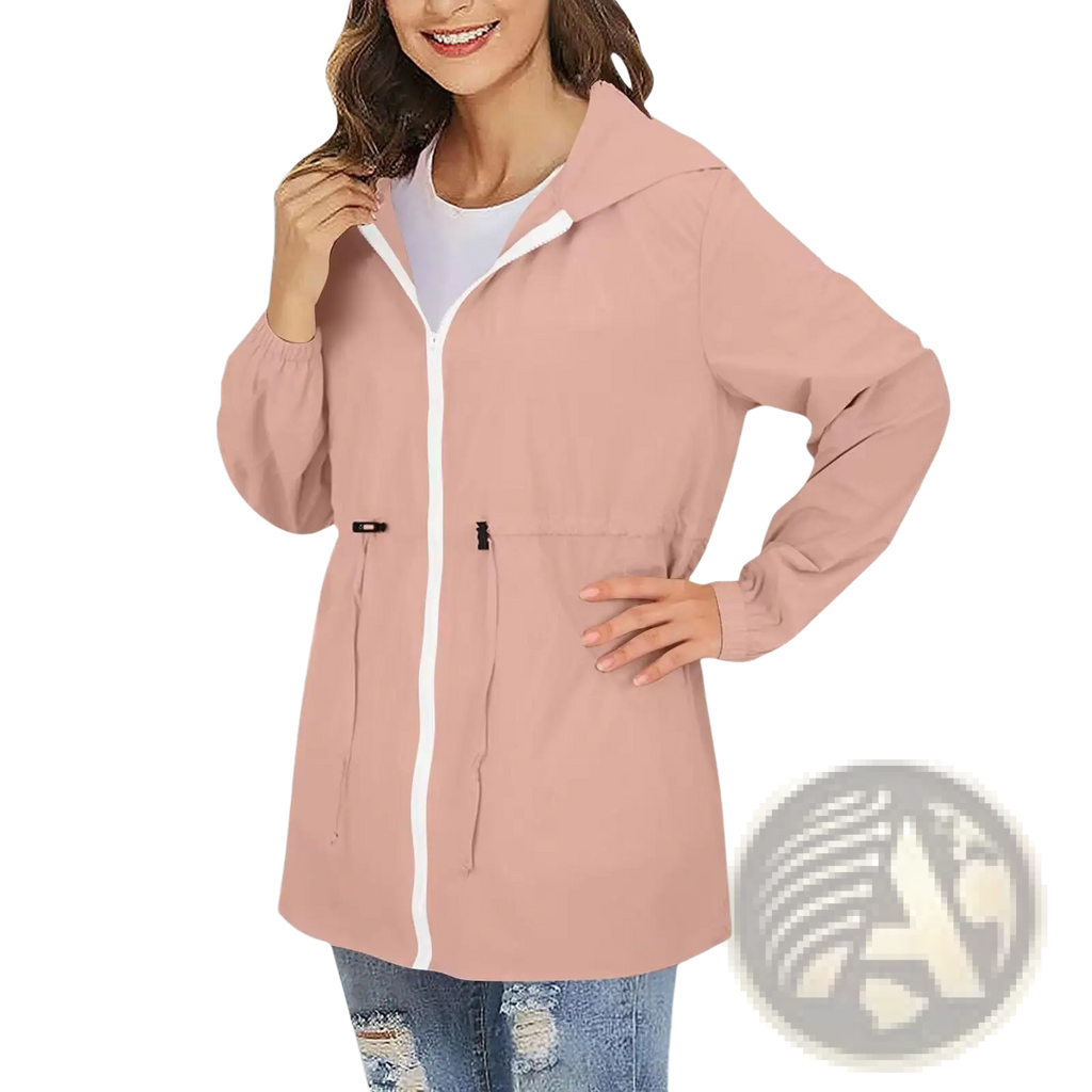 A soft pink women waterproof windbreaker hooded rain jacket with lightweight fabric white zipper and trim