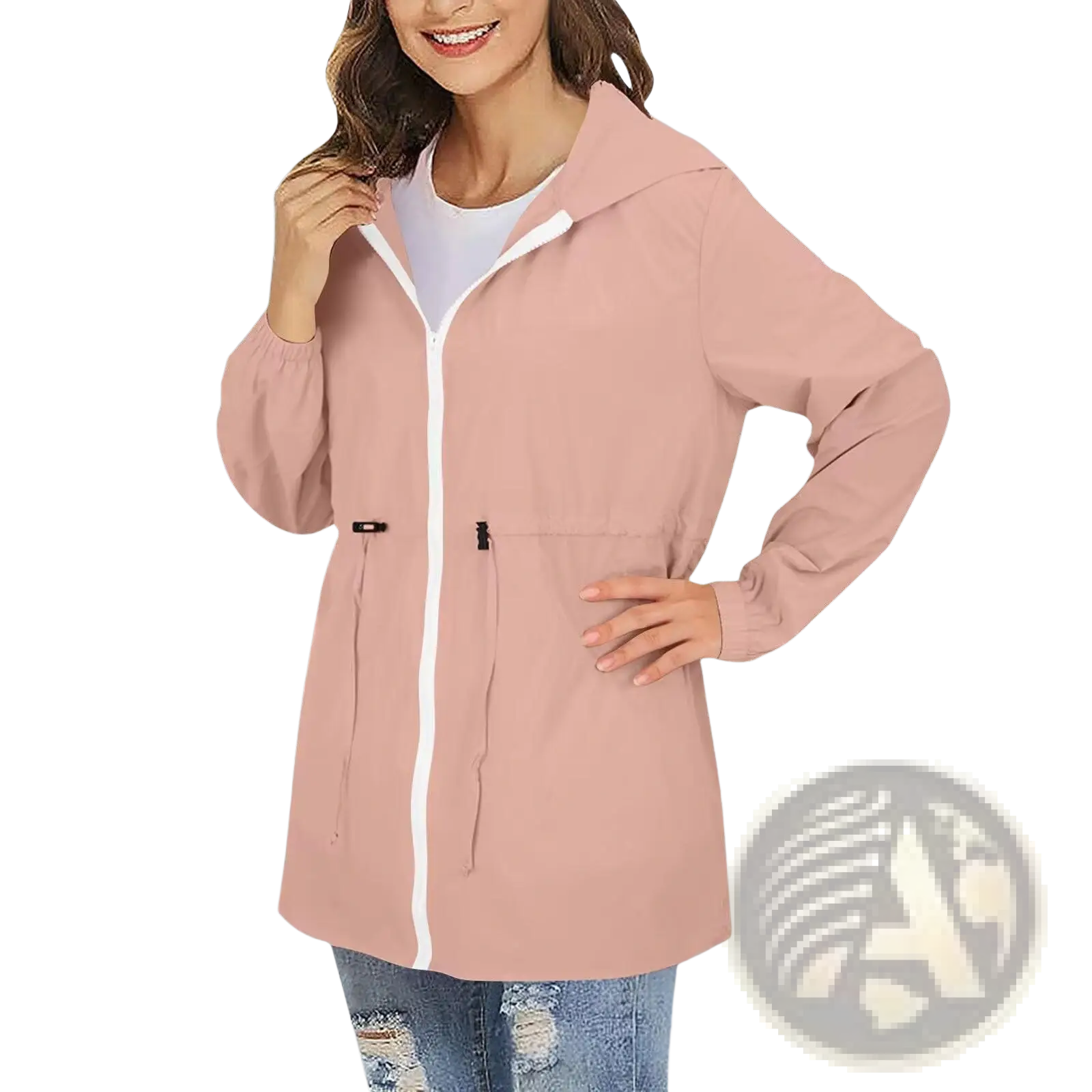 A soft pink women waterproof windbreaker hooded rain jacket with lightweight fabric white zipper and trim