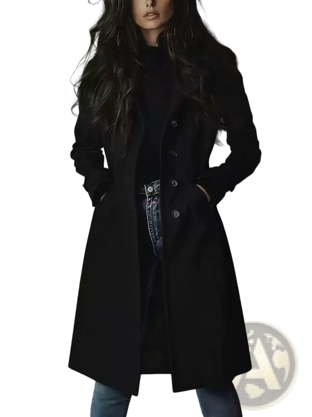Black double-breasted wool women western long trench coat with silver buttons for stylish outerwear