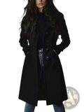 Black double-breasted wool women western long trench coat with silver buttons for stylish outerwear