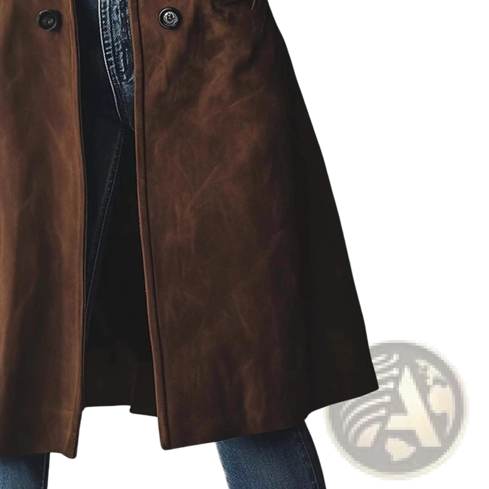 Women western long trench coat in brown suede with dark brown buttons showcasing front design
