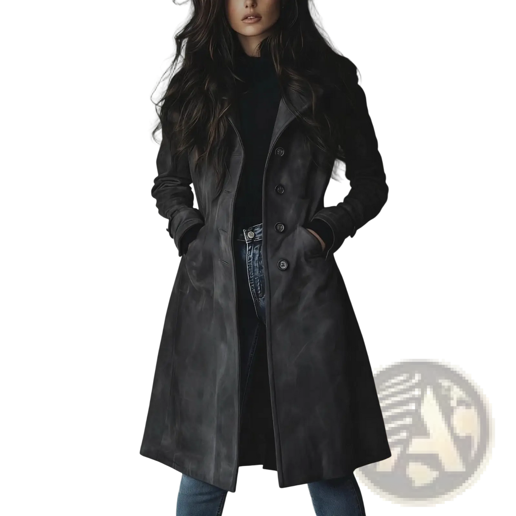 Women western long trench coat in dark gray suede with classic double-breasted design and black buttons