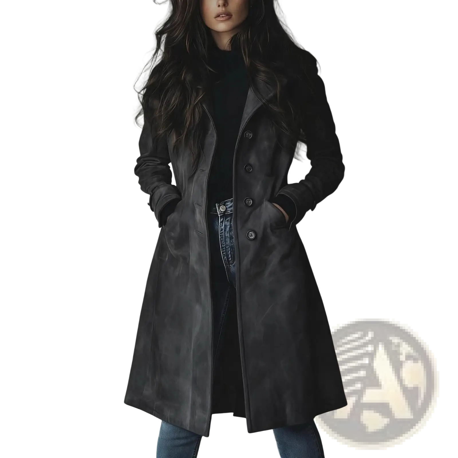 Women western long trench coat in dark gray suede with classic double-breasted design and black buttons