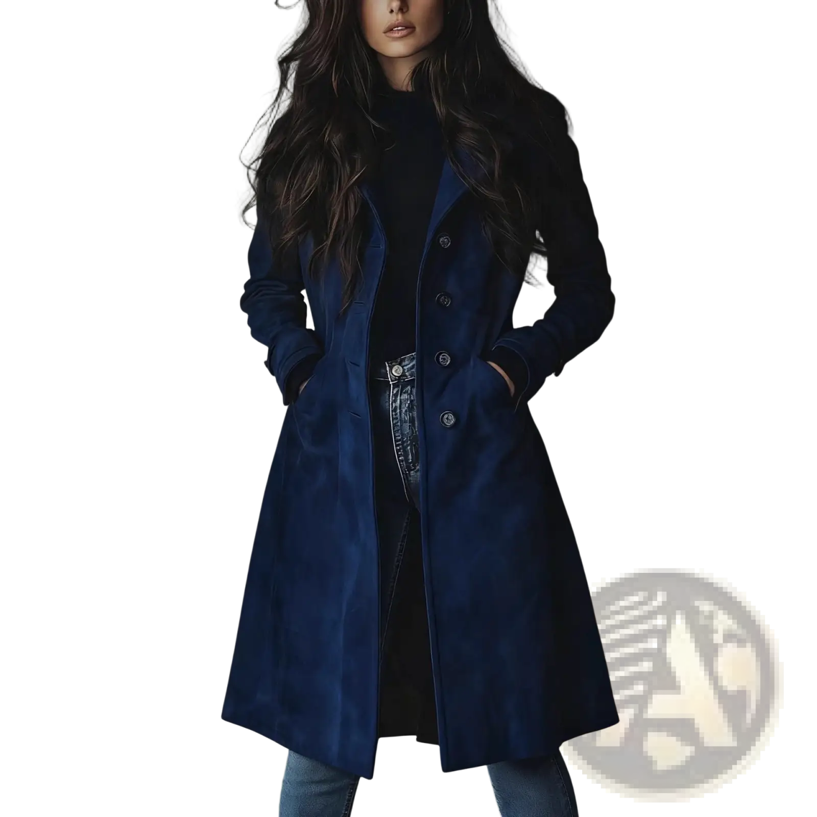 Women western long trench coat in deep navy blue suede with classic double-breasted design and silver-toned buttons