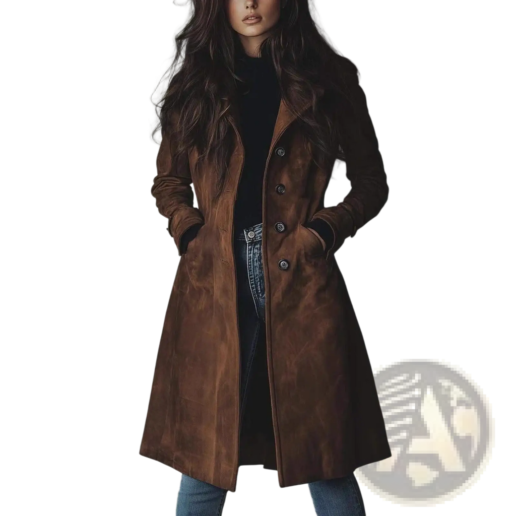 Women western long trench coat in rich brown suede with classic double-breasted design and dark metal buttons