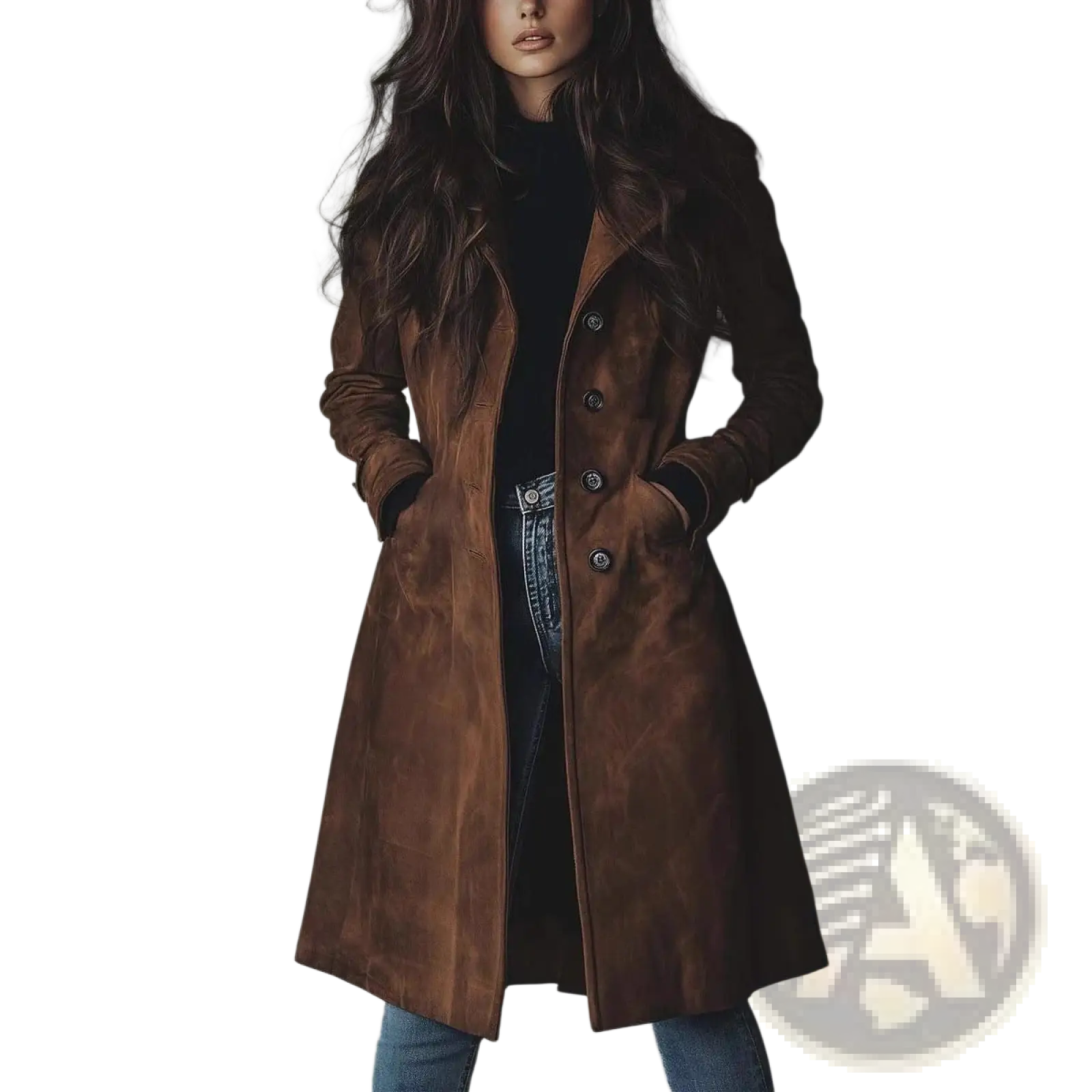 Women western long trench coat in rich brown suede with classic double-breasted design and dark metal buttons