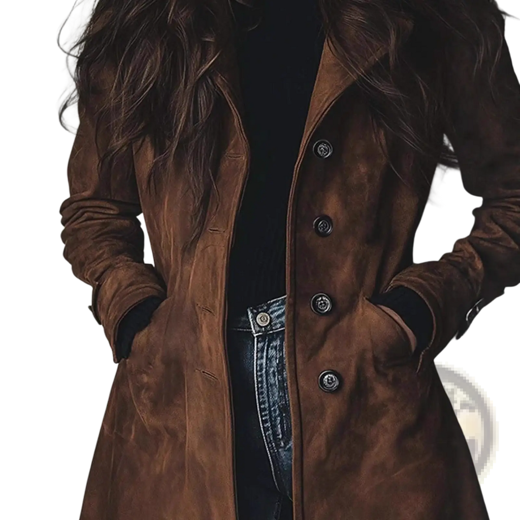 Women western long trench coat in rich brown suede with classic double-breasted design and dark metallic buttons