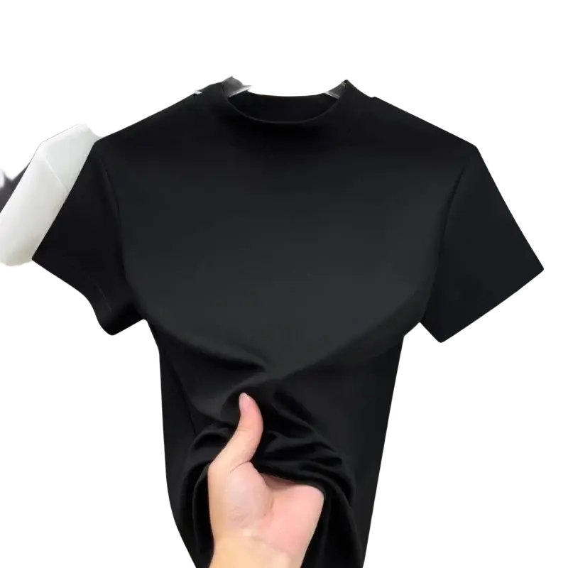 Women white high neck short sleeve t-shirt featuring a black short-sleeved mock neck top in smooth stretchy fabric with inch cm details