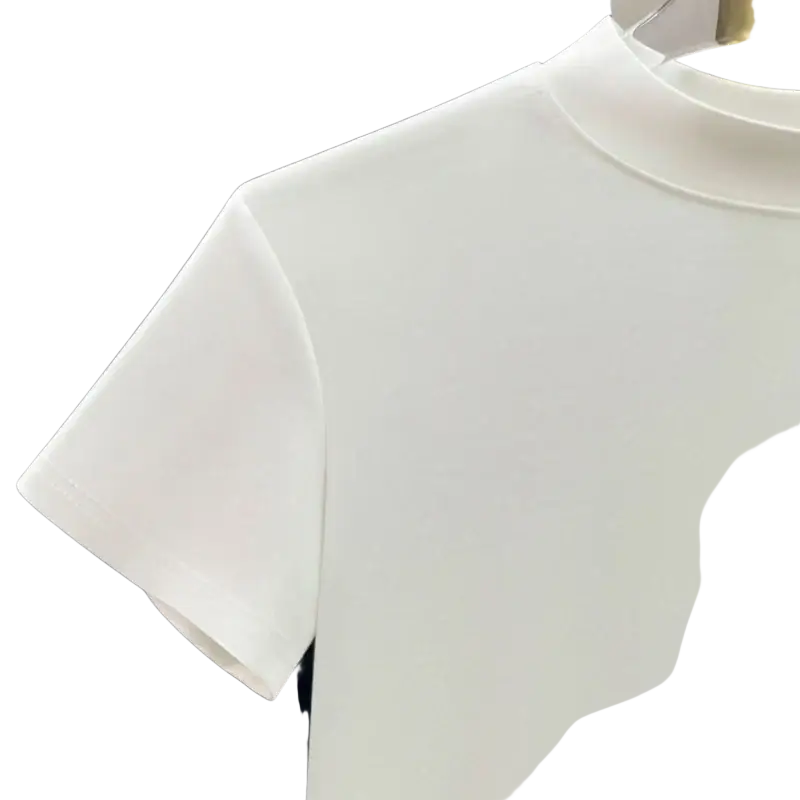 A crisp white high neck short sleeve t shirt with a smooth minimalist design ideal for casual wear in inch cm measurements