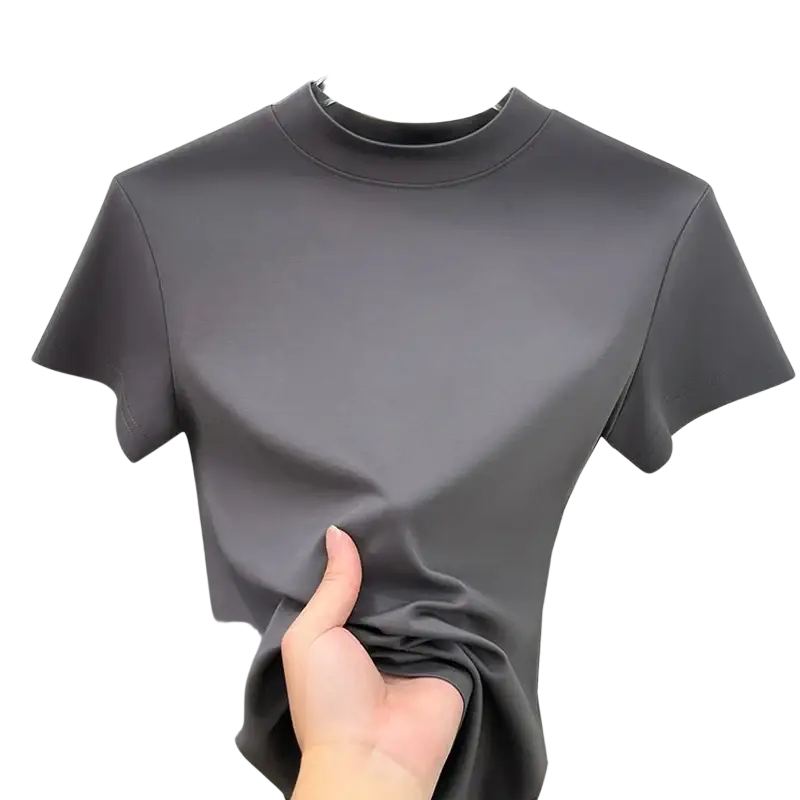 Women white high neck short sleeve t-shirt with sleek dark gray smooth form-fitting fabric in inch cm size