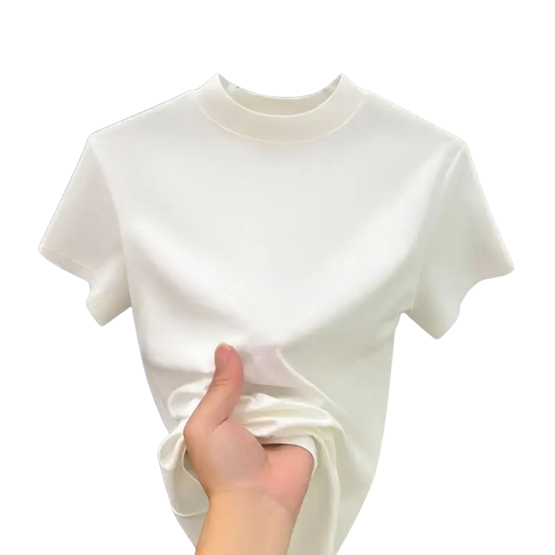 White high neck short sleeve t-shirt for women made from smooth stretchy fabric with a sleek fit in inch and cm sizing