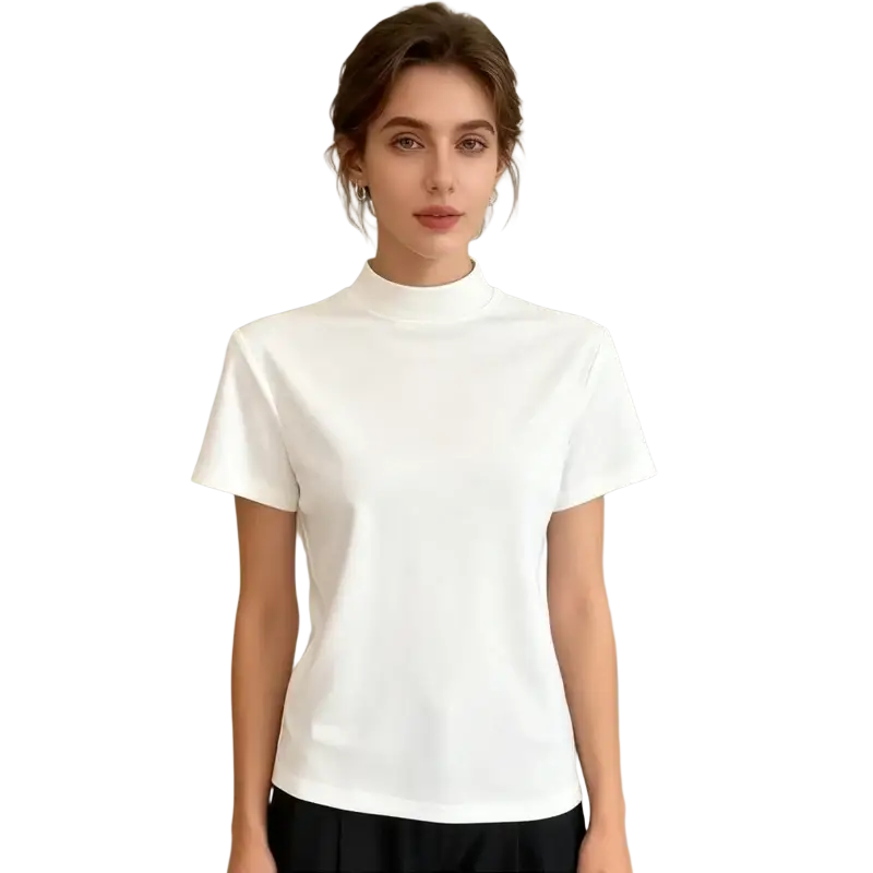 White high neck short sleeve t-shirt for women made of soft fabric with a high neckline measuring in inch and cm