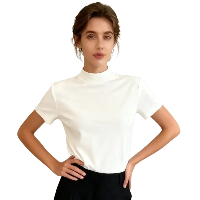 Women white high neck short sleeve t-shirt with smooth fitted fabric in inch and cm measurements