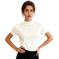 Women white high neck short sleeve t-shirt with smooth fitted fabric in inch and cm measurements
