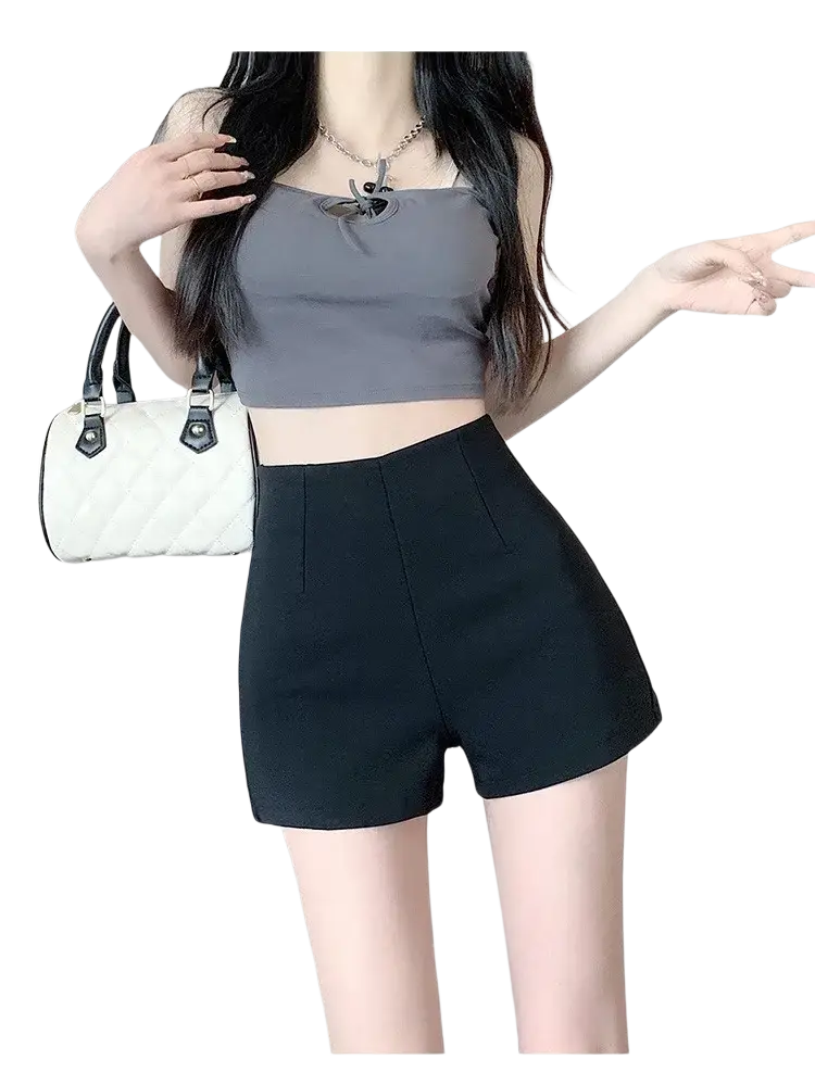 Black high-waisted tailored shorts with front pleats for women ideal for slimming summer wear