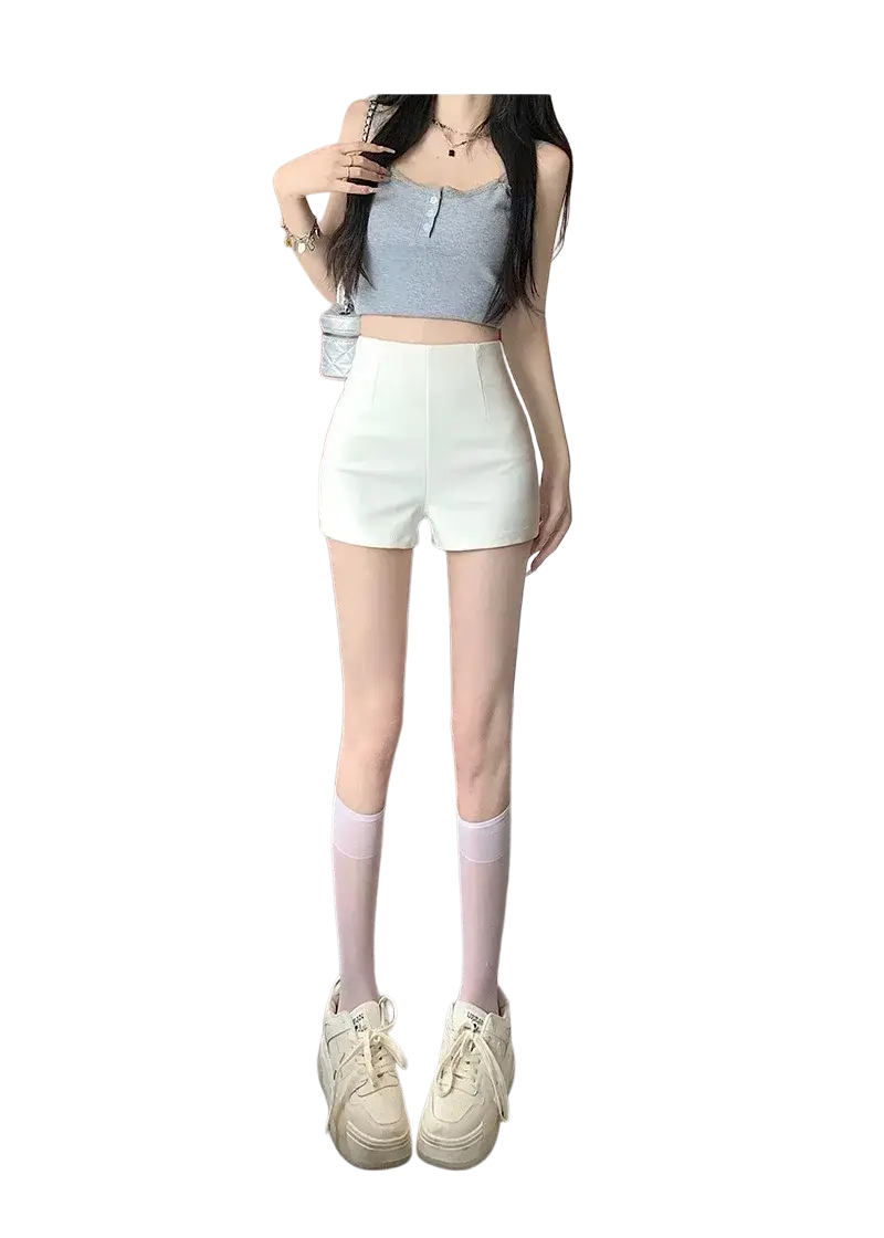 Women white high waist slimming summer shorts with a smooth glossy finish and minimalist design