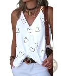 Women white sleeveless v neck summer blouse featuring gold heart patterns and a lightweight fabric design