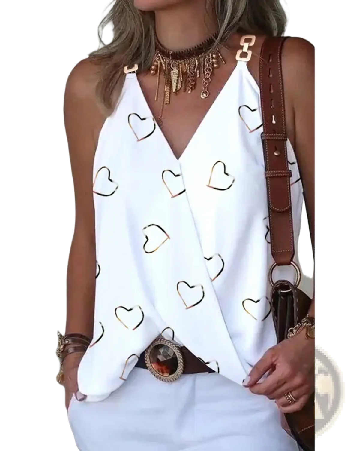Women white sleeveless v neck summer blouse featuring gold heart patterns and a lightweight fabric design
