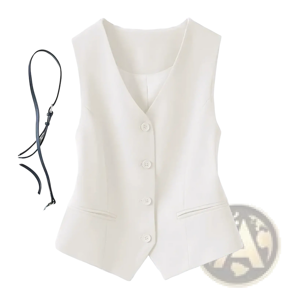Women white suit vest formal slim fit cream-colored tailored waistcoat with v-neckline and front button closure