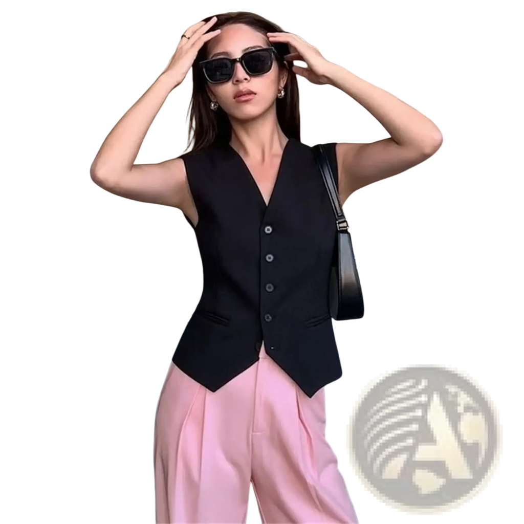 Black sleeveless vest with button closure and tailored fit designed as a formal slim fit waistcoat for women