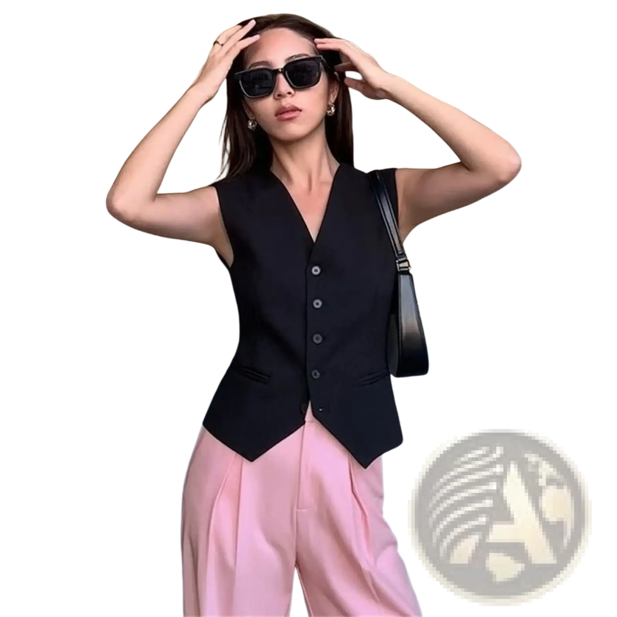 Black sleeveless vest with button closure and tailored fit designed as a formal slim fit waistcoat for women
