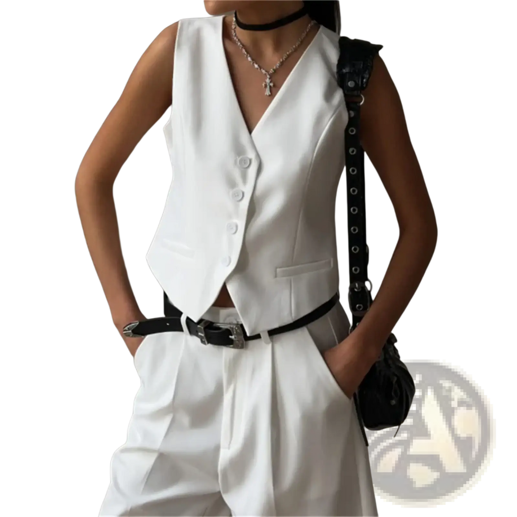 Women white sleeveless blazer vest with button closure and flap pockets for formal slim fit waistcoat styling