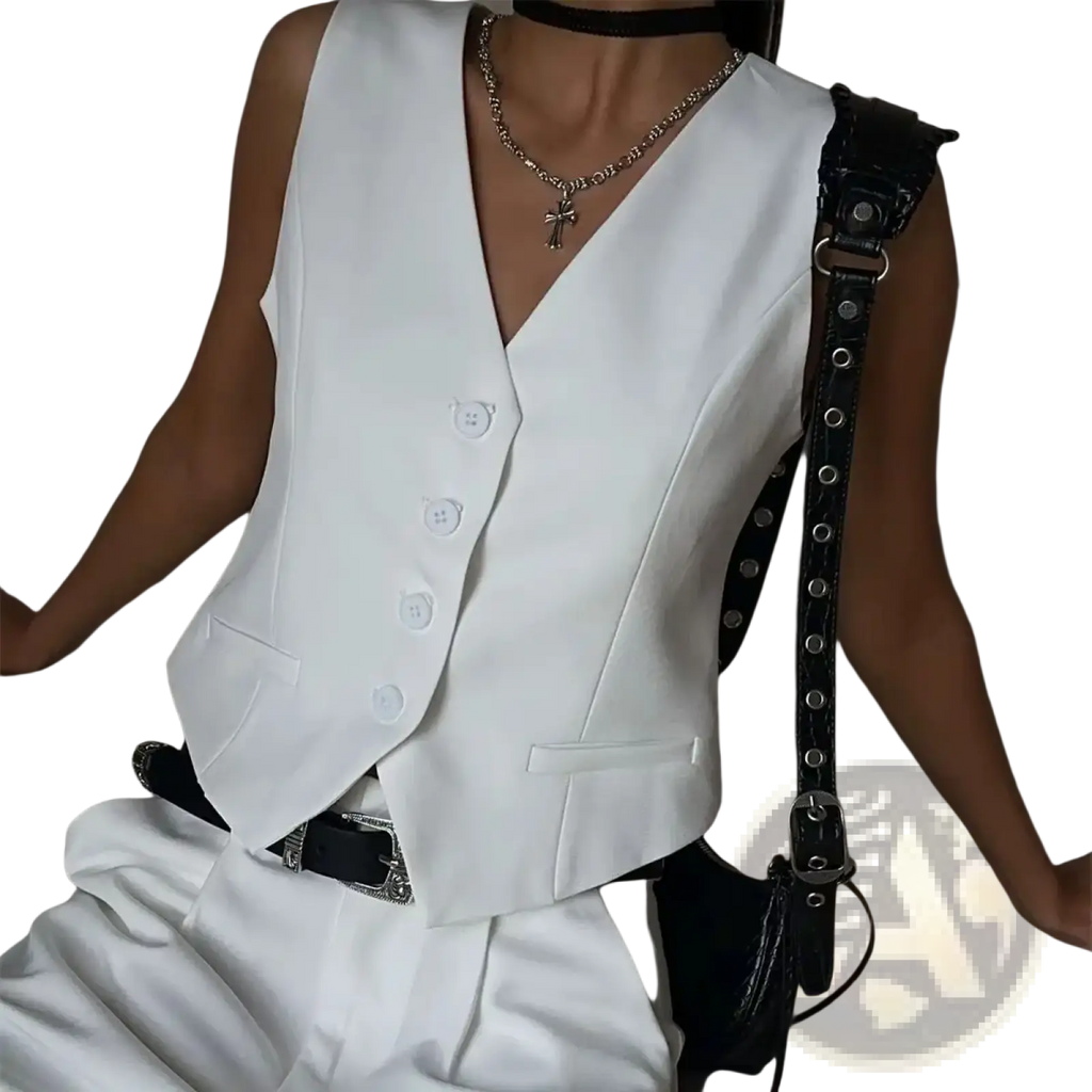 Women white suit vest formal slim fit waistcoat with sleeveless v-neck structured design and front button closure