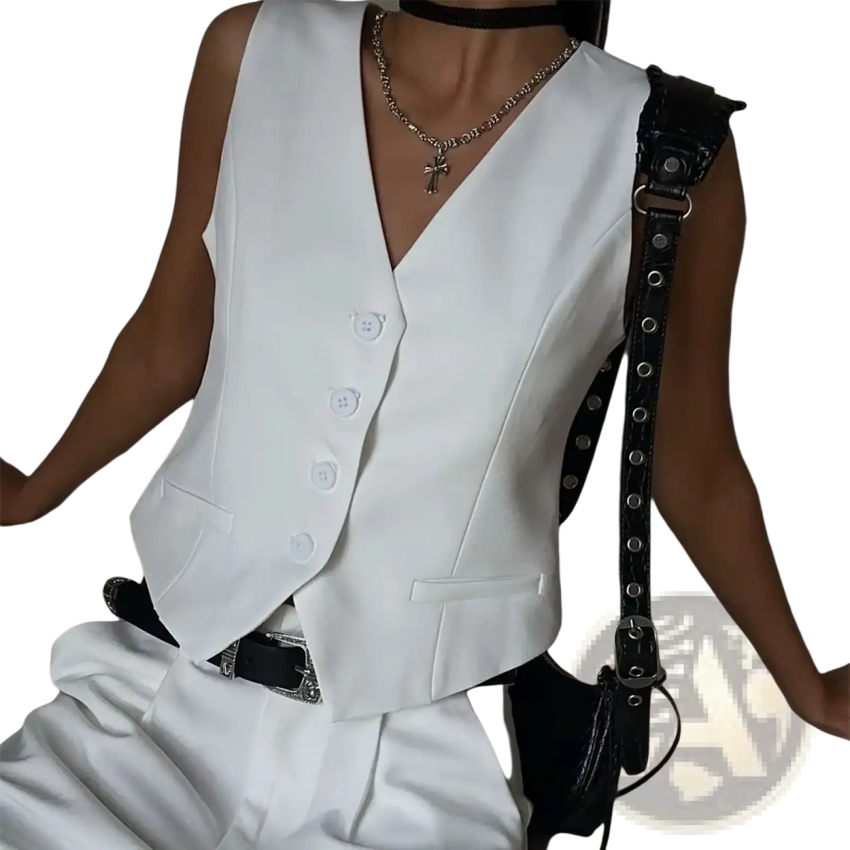 Women white suit vest formal slim fit waistcoat with sleeveless v-neck structured design and front button closure