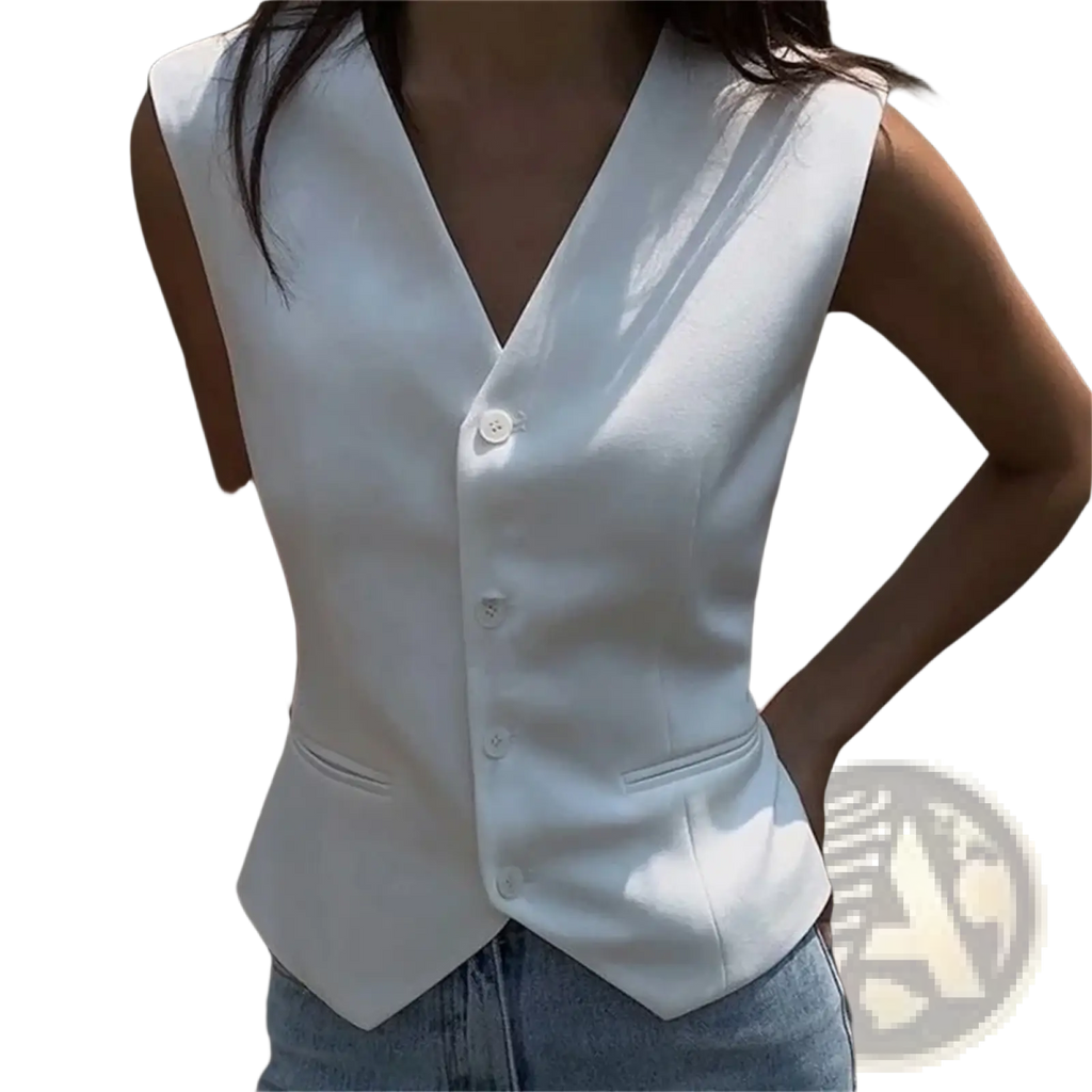 Women white slim fit formal suit vest with sleeveless design v-neckline and front button closure