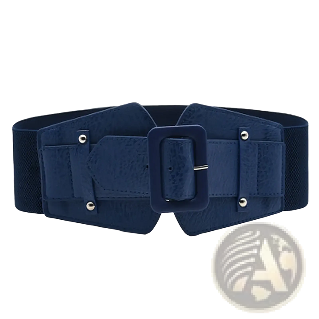 Navy blue women wide elastic dress belt with textured faux leather buckle and silver-toned hardware for fashion waistband