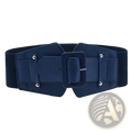 Navy blue women wide elastic dress belt with textured faux leather buckle and silver-toned hardware for fashion waistband