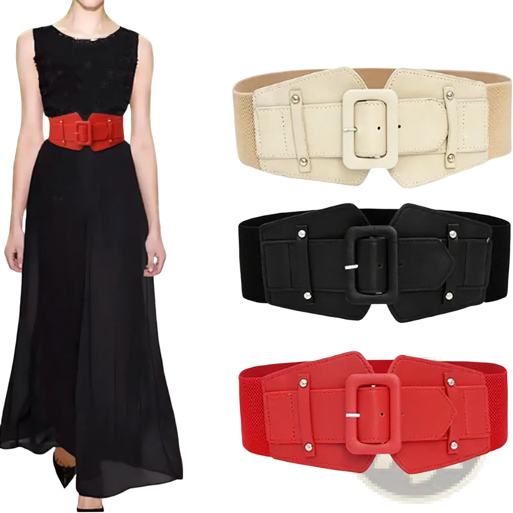 Red wide elastic dress belt with silver-toned rectangular buckle and hardware for women fashion waistband